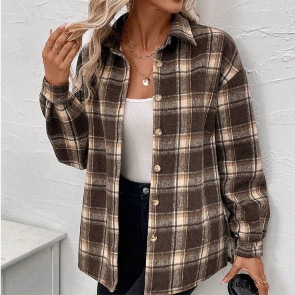 Shein Brown Plaid Thick Flannel Button Down